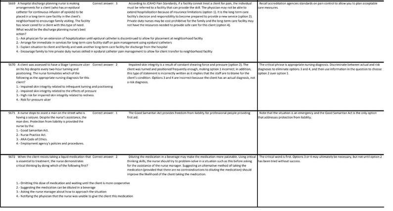 May include: A table with a grid of text boxes containing multiple choice questions and answers. The questions are related to nursing care and ethical considerations. The text boxes are labeled with numbers and the correct answer is highlighted in green.
