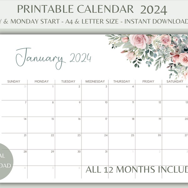 2024 Monthly Calendar Printable, Pretty Petals, Floral Theme, US Letter & A4 Size, Landscape, Instant download