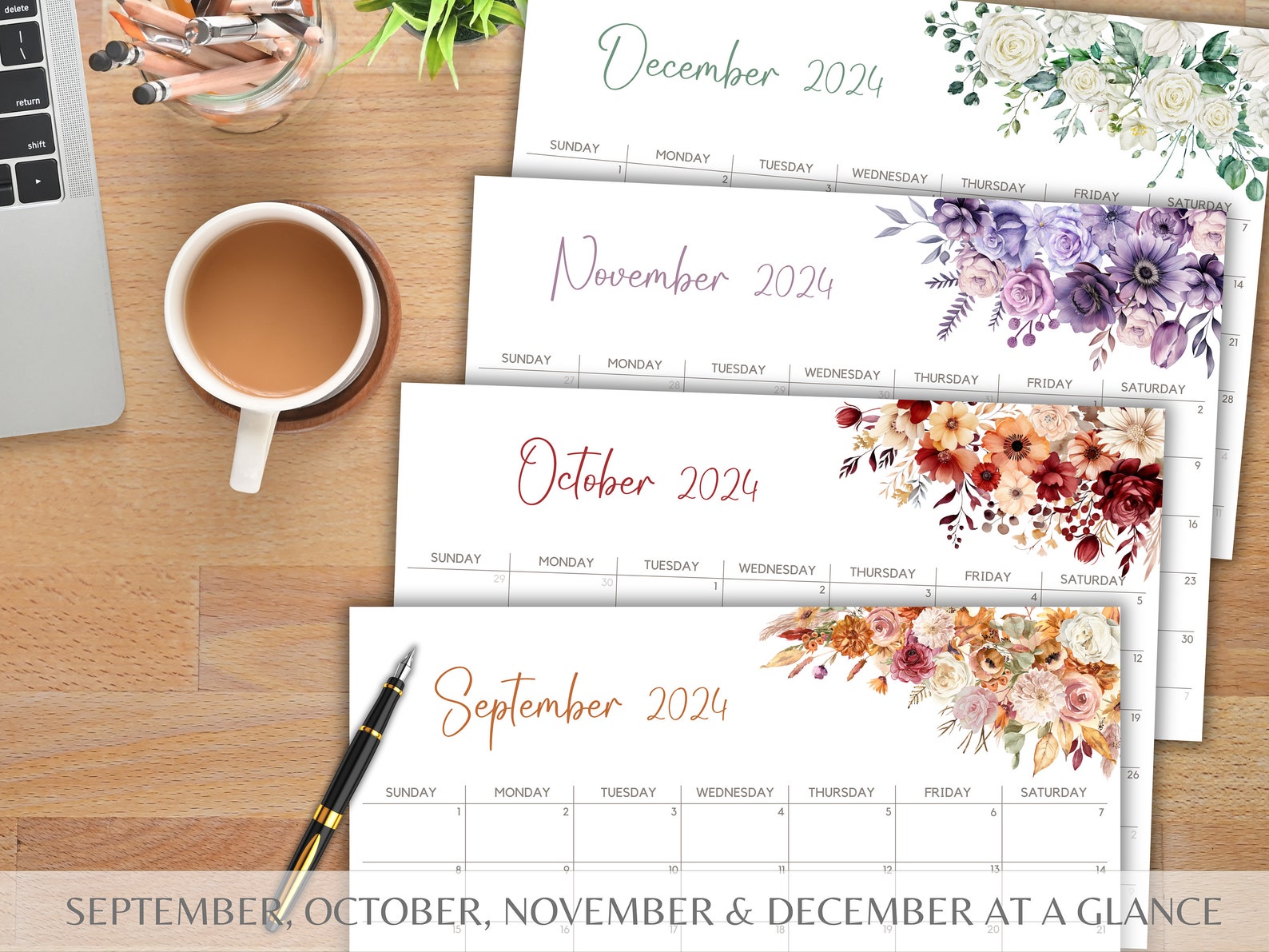 2024 Monthly Calendar Printable, Pretty Petals, Floral Theme, US Letter ...