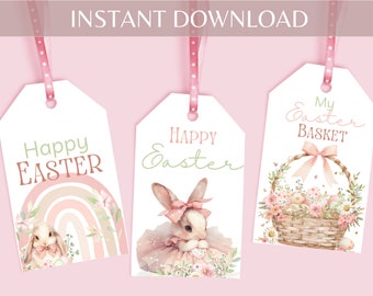 Printable Easter Gift Tags, Soft Pink Boho Easter Theme, Editable Easter Gift Tags, Easter Basket Tags, 4 Unique Designs