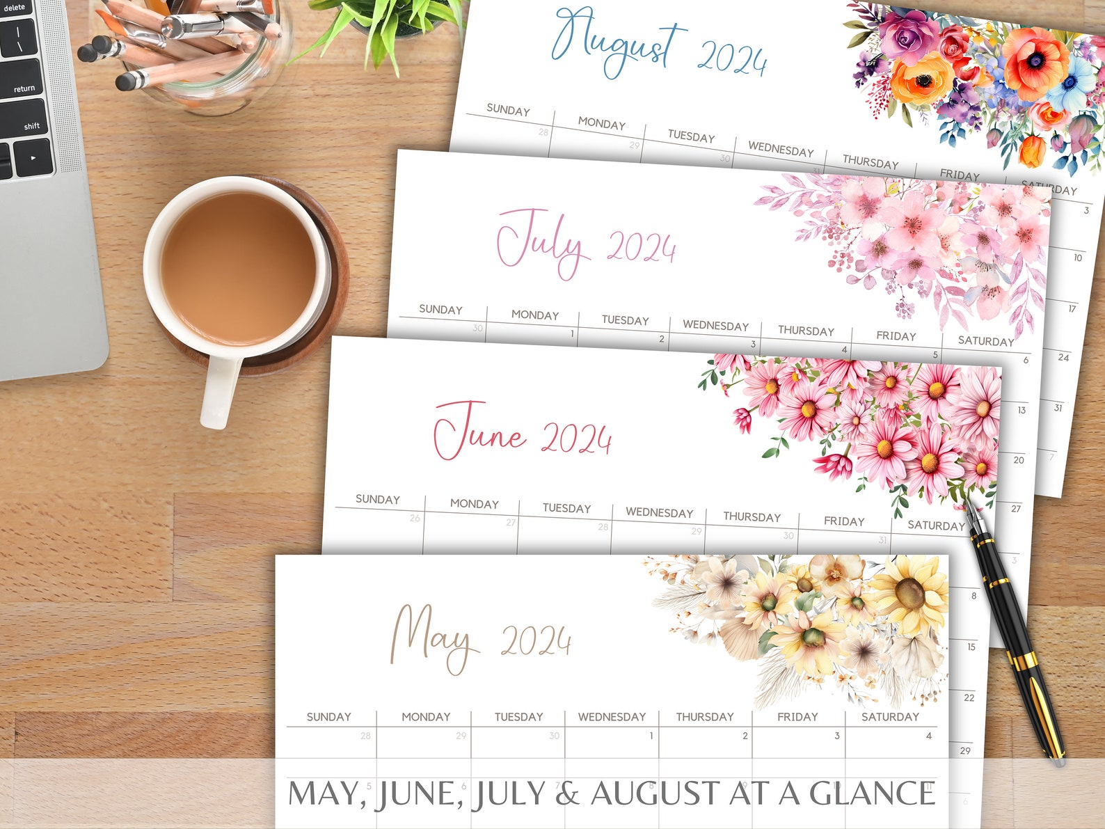 2024 Monthly Calendar Printable, Pretty Petals, Floral Theme, US Letter ...