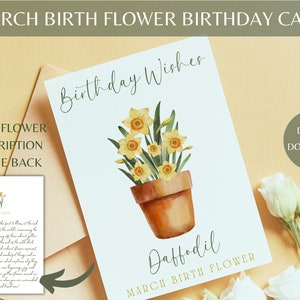 Tarjeta de cumpleaños imprimible, tarjeta de cumpleaños descargable, tarjeta de feliz cumpleaños con flor de nacimiento, tarjeta de cumpleaños con narciso, flor de nacimiento de marzo