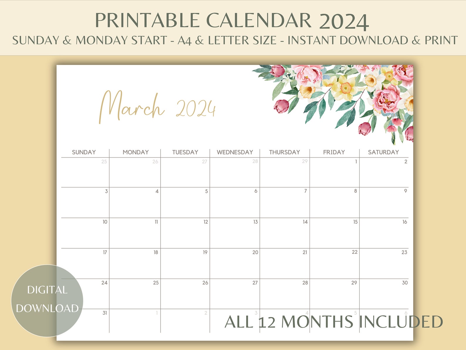 2024 Monthly Calendar Printable, Pretty Petals, Floral Theme, US Letter ...