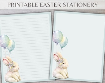 Printable Stationery, Easter Stationery Printable, Bunnies and Balloons Theme, Lined or Unlined, 3 Sizes, 4 Colors, Instant Download