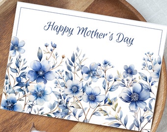 Mother's Day Card Printable, Happy Mother's Day Card, Mother's Day Printable, Dusty Blue Floral, Envelope Template Included