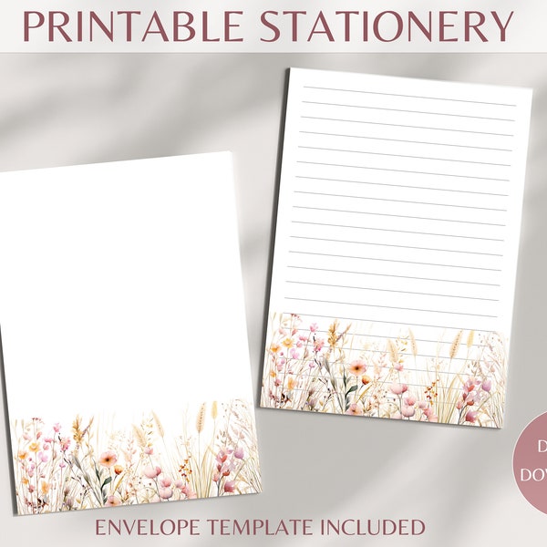 Printable Stationery, Printable Note Pad, Boho Wildflower Themed Printable Stationery, Envelope Template Included, Lined or unlined