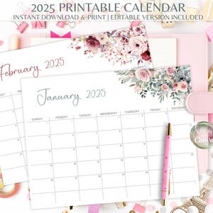 Afdrukbare kalender 2025, maandplanner, maandkalender, bloemenkalender, US Letter- en A4-formaat, pdf, Direct downloaden en afdrukken,