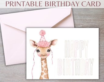 Printable Birthday Card, Baby Girl Birthday Card Download, Happy Birthday Card, Sweet Giraffe Theme, Envelope Template Included,