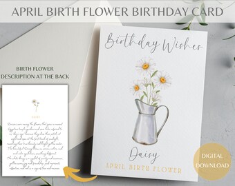 Birthday Card Printable, April Birthday Card, Birth Flower Card, Printable Birthday Card, Birthday Card featuring April Birth Flower Daisy