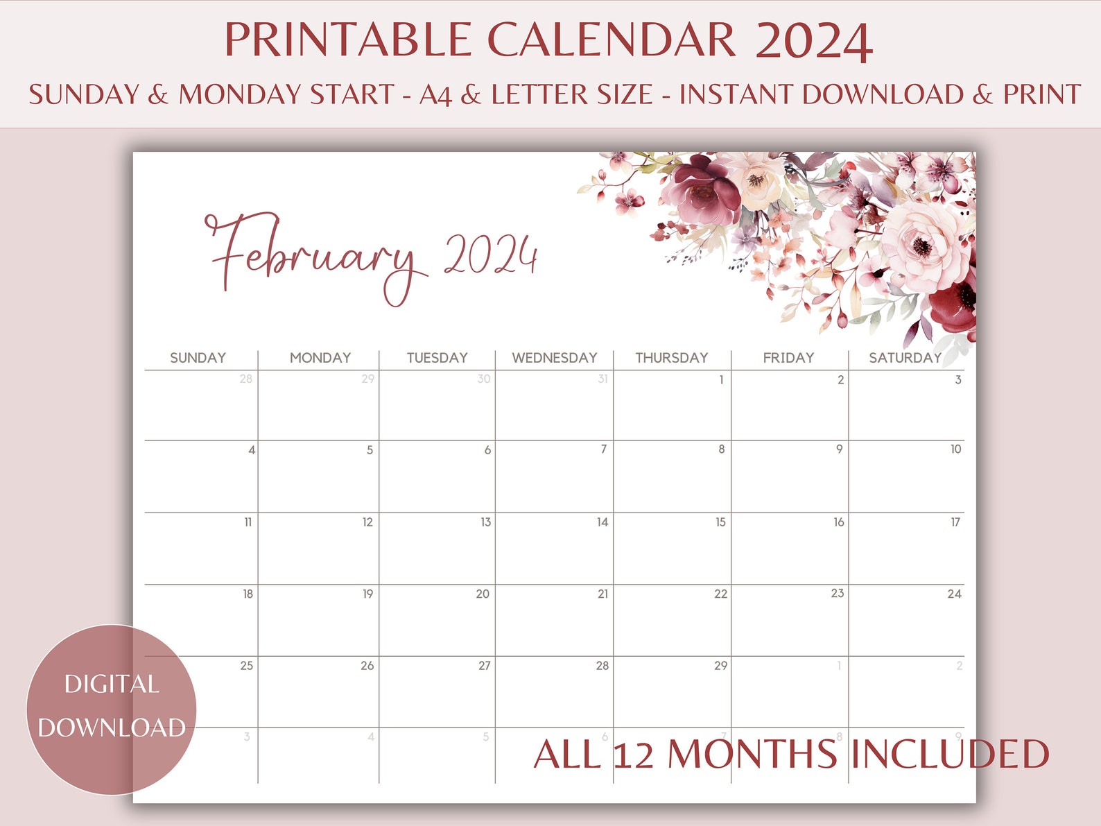 2024 Monthly Calendar Printable, Pretty Petals, Floral Theme, US Letter ...