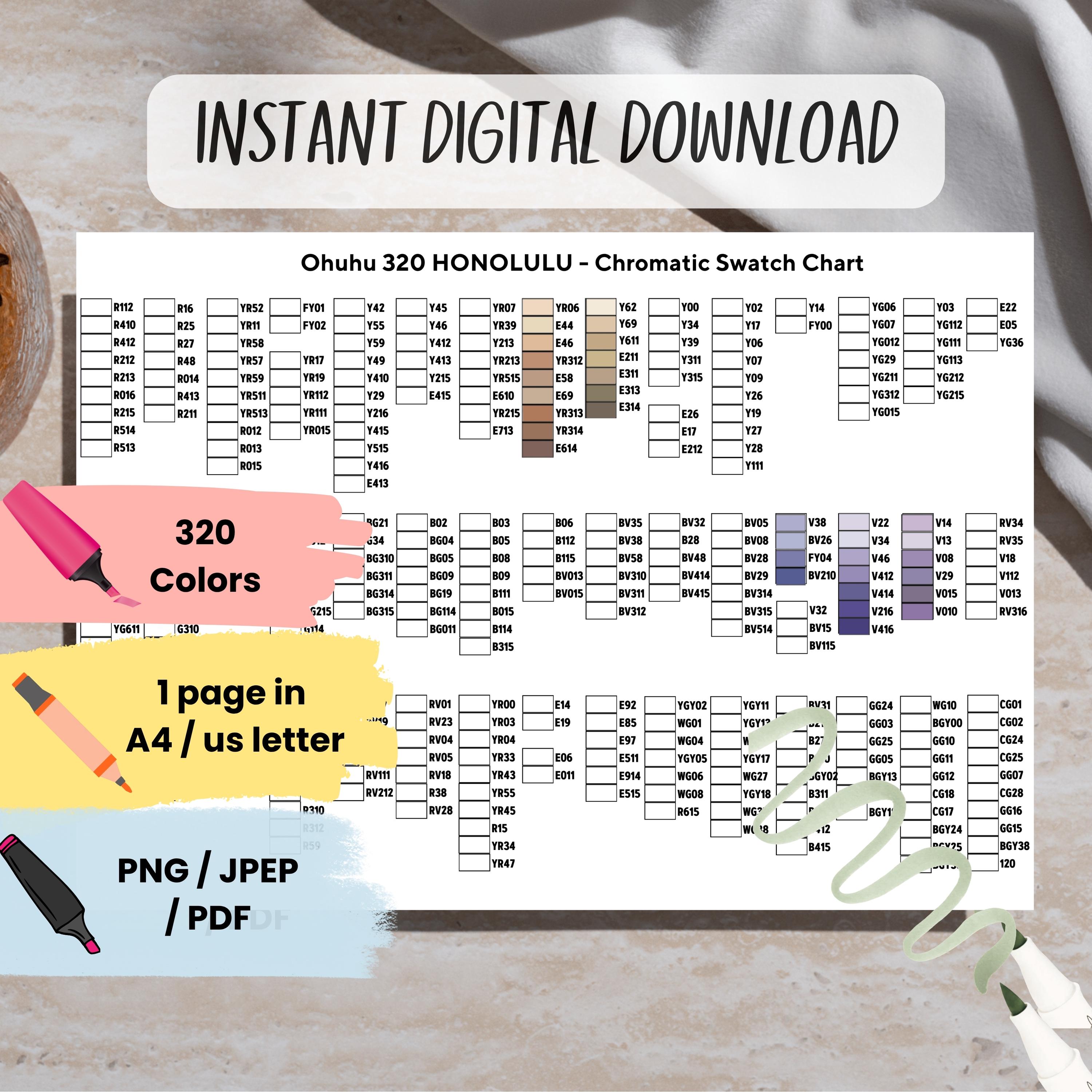 320 Color Code Ohuhu 320 Honolulu Marker Swatch Chart: 2025 Color Codes (PDF, JPG, PNG ...