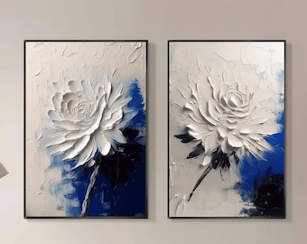 Ensemble de 2 peintures originales de fleurs bleues et blanches, mur abstrait de texture de fleur 3D, décoration murale de fleur d'art simple de texture lourde