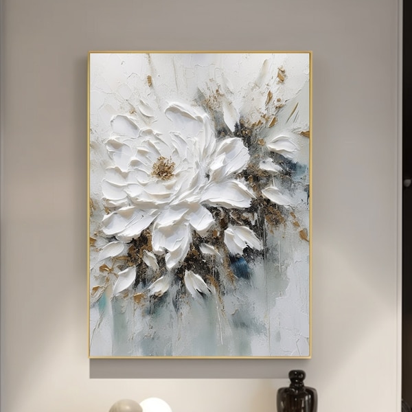 Grande peinture à l’huile abstraite de fleur blanche sur toile, peinture de fleur 3D, floral texturé abstrait, couteau à palette décoration de maison de salon moderne