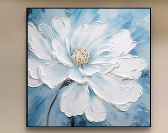 Grande peinture à l'huile 3D de fleurs blanches et bleues sur toile, art floral original texturé pour la décoration intérieure, art floral fantaisie pour décoration de chambre à coucher