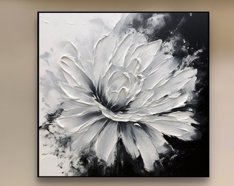 Texture grande fleur blanche, peinture au couteau 3D, art texturé lourd, peinture acrylique minimaliste, décoration murale florale pour la maison