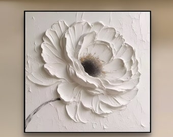 Oeuvre d'art murale texturée grande fleur blanche, oeuvre d'art minimaliste, peinture 3D texturée lourde, oeuvre d'art texturée riche en blanc, décoration de chambre tendance, peinture surdimensionnée