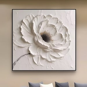 Oeuvre d'art murale texturée grande fleur blanche, oeuvre d'art minimaliste, peinture 3D texturée lourde, oeuvre d'art texturée riche en blanc, décoration de chambre tendance, peinture surdimensionnée image 1