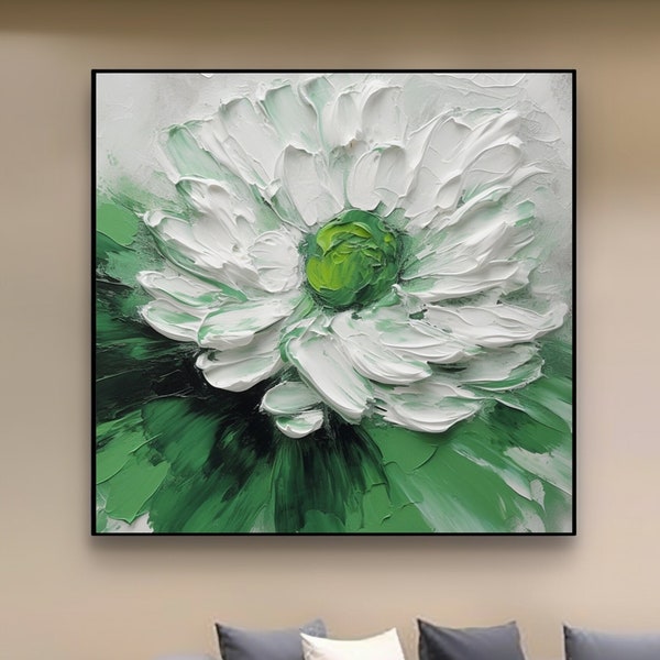 Original abstract canvas flower painting 3D texture, green white floral art, impasto floral, acrylic painting modern  living room decoration