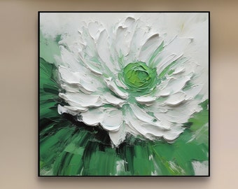 Original Gemälde Abstrakte Blumen 3D Textur, Grün Weiße Blumen Kunst, Impasto Blumen, Benutzerdefinierte Gemälde Minimalistisches Wohnzimmer Dekor