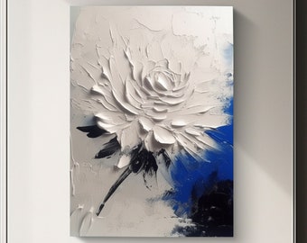 Toile de fleur bleue, peinture au couteau 3D, fleurs blanches originales, grandes fleurs de peinture naturelle abstraite, texture lourde, art mural de la maison