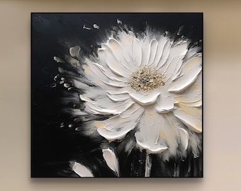 Grande texture de fleur noir et blanc, peinture d'art noir 3D, peinture acrylique florale, art minimaliste de texture lourde, décoration murale de maison