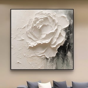 Texture de grande fleur blanche, peinture au couteau à palette d'art 3D, peinture acrylique de fleur, art minimaliste texturé épais, décoration murale de fleurs pour la maison image 1