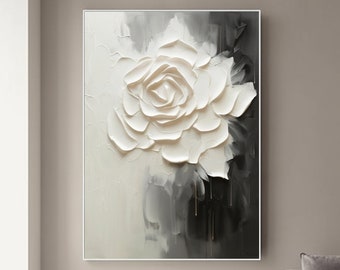 Large 3D white and gray floral canvas oil painting, white simple heavy texture abstract painting,  exquisite living room decoration art