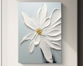 Grande peinture abstraite de fleurs bleues et blanches, fleur 3D texture lourde peinture de fleurs peinture végétale texture épaisse décoration moderne de la maison