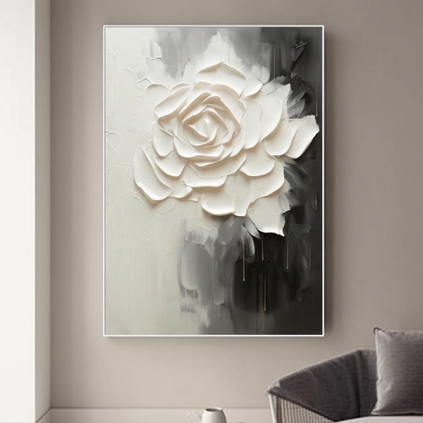 Grande peinture à l'huile 3D sur toile florale blanche et grise, peinture abstraite blanche simple texture lourde, art exquis de décoration de salon