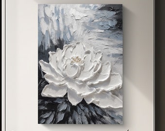 Peinture abstraite originale de fleurs sur la texture 3D de la toile, peinture de texture lourde, peinture sur toile de fleurs blanches, décoration de la maison