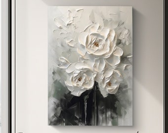 Peinture florale originale en noir et blanc, texture épaisse 3D, art mural simple abstrait floral, art mural floral, décoration de salon