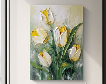 Peinture à l'huile originale de fleurs de tulipes sur toile grandes fleurs blanches jaunes, art mural, art floral abstrait, peinture personnalisée, décoration de salon, cadeau