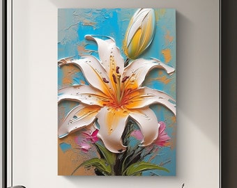 Grande peinture abstraite de fleur bleue et blanche, peinture de fleur de texture lourde de fleur 3D, couteau de texture épaisse de fleur de lys de plante moderne simple