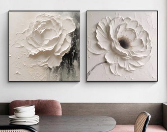 Lot de 2 grandes fleurs blanches texturées, peinture au couteau 3D, peinture minimaliste acrylique, simplicité de la texture lourde, décoration murale fleurs pour la maison
