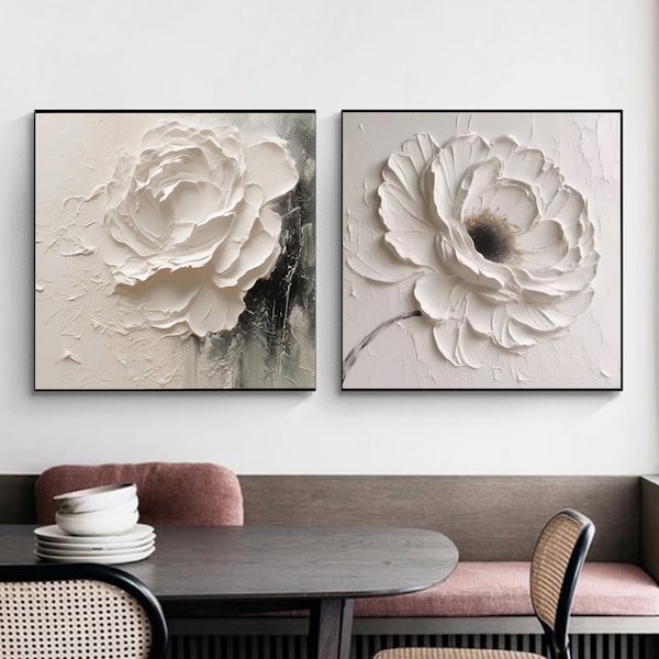 2er Set große weiße Blumen Textur, 3D Kunst Messer Malerei, minimalistische Acrylmalerei, schwere Textur Einfachheit, Haus Blumen Wanddekor