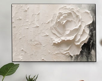 Grande fleur blanche texture florale peinture acrylique texture lourde art minimaliste 3D art couteau à palette peinture maison fleur décoration murale