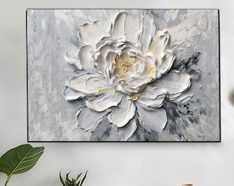 Peinture de fleurs abstraite 3D blanche et grise texturée, peinture acrylique texturée, mur de fleurs abstraites simple, décoration de salon