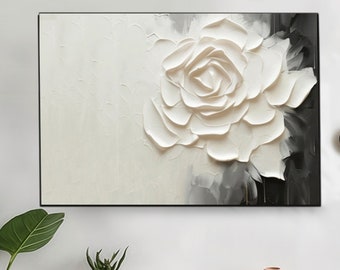 Grande toile florale 3D blanche et grise, peinture abstraite blanche et grise simple texture lourde, art de décoration de salon exquis