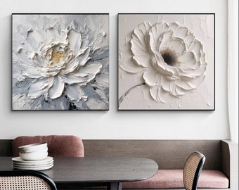 Lot de 2 grandes fleurs blanches texturées, peinture florale abstraite grise et blanche, peinture 3D texturée lourde, décoration murale florale élégante pour la maison