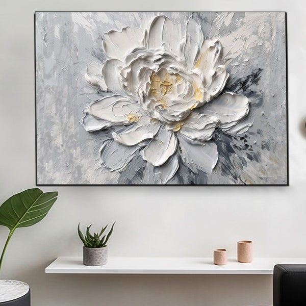 3D textured white and gray abstract flower painting, textured acrylic painting, simple abstract flower wall, home living room decoration