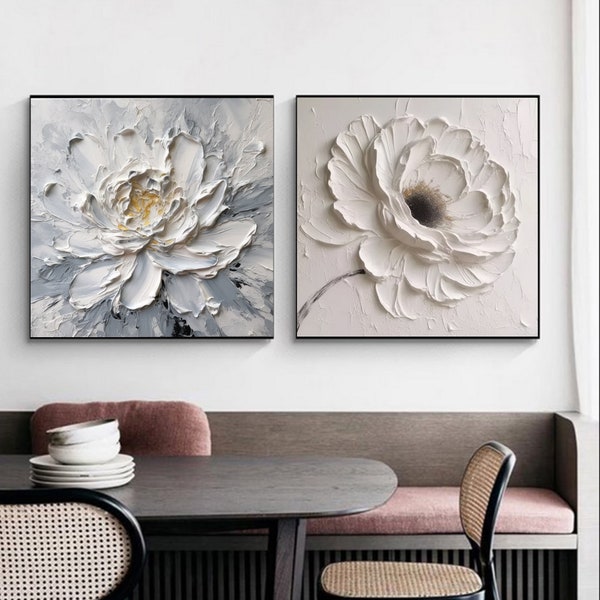 Set of 2 large white flower texture, gray and white abstract floral painting, 3D heavy texture painting, stylish home floral wall decoration