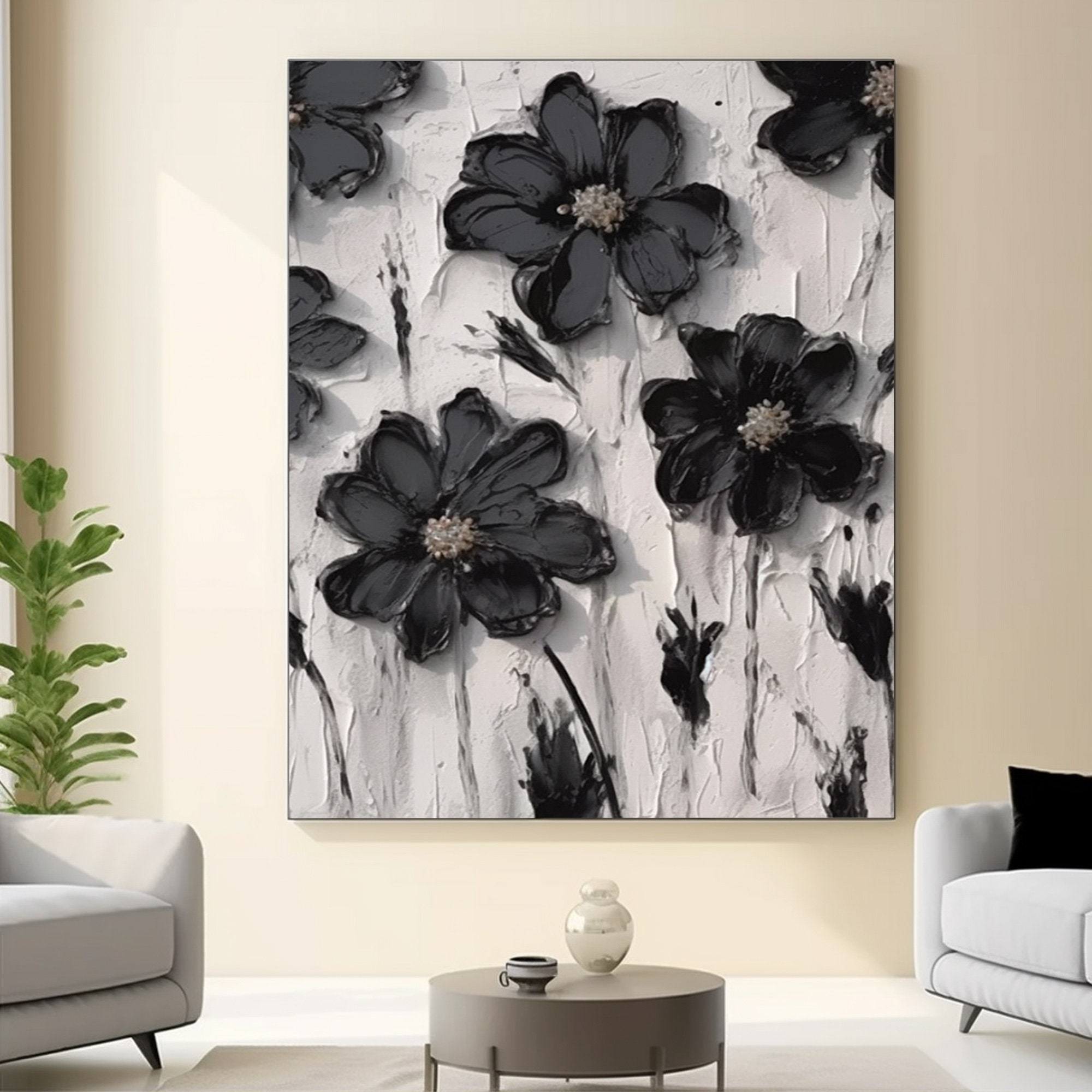 Black Flower Wall Art, Black Modern Floral Painting, 3D White Textured ...