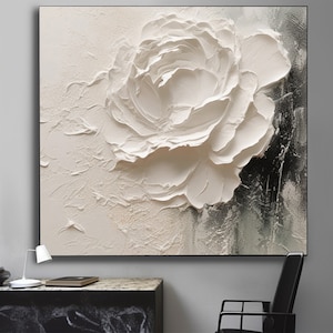 Texture de grande fleur blanche, peinture au couteau à palette d'art 3D, peinture acrylique de fleur, art minimaliste texturé épais, décoration murale de fleurs pour la maison image 3