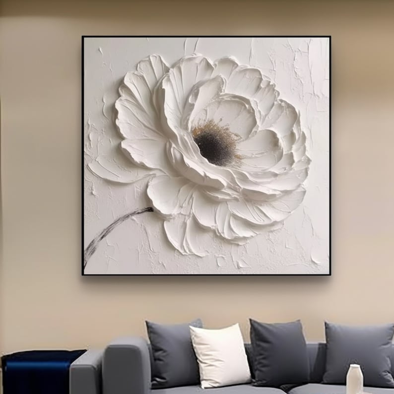 Oeuvre d'art murale texturée grande fleur blanche, oeuvre d'art minimaliste, peinture 3D texturée lourde, oeuvre d'art texturée riche en blanc, décoration de chambre tendance, peinture surdimensionnée image 1