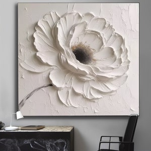 Oeuvre d'art murale texturée grande fleur blanche, oeuvre d'art minimaliste, peinture 3D texturée lourde, oeuvre d'art texturée riche en blanc, décoration de chambre tendance, peinture surdimensionnée image 3