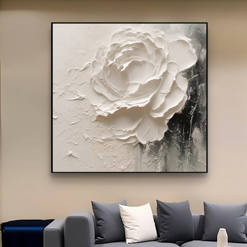 Texture de grande fleur blanche, peinture au couteau à palette d'art 3D, peinture acrylique de fleur, art minimaliste texturé épais, décoration murale de fleurs pour la maison image 1