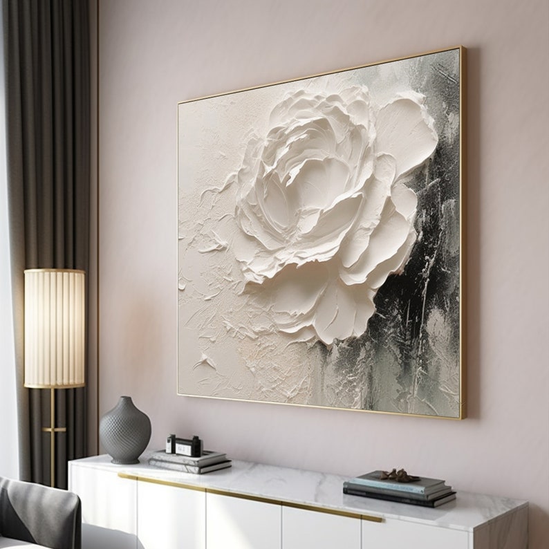 Texture de grande fleur blanche, peinture au couteau à palette d'art 3D, peinture acrylique de fleur, art minimaliste texturé épais, décoration murale de fleurs pour la maison image 5