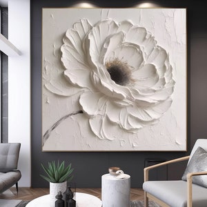 Oeuvre d'art murale texturée grande fleur blanche, oeuvre d'art minimaliste, peinture 3D texturée lourde, oeuvre d'art texturée riche en blanc, décoration de chambre tendance, peinture surdimensionnée image 4
