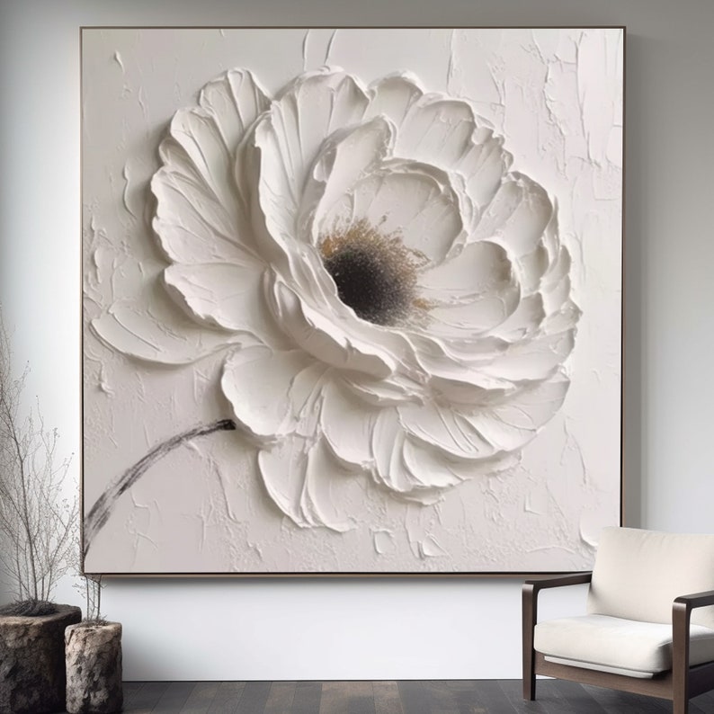 Oeuvre d'art murale texturée grande fleur blanche, oeuvre d'art minimaliste, peinture 3D texturée lourde, oeuvre d'art texturée riche en blanc, décoration de chambre tendance, peinture surdimensionnée image 2