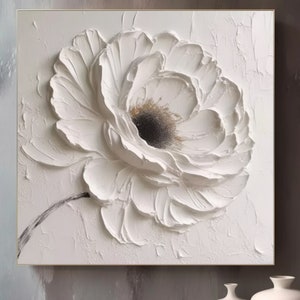 Oeuvre d'art murale texturée grande fleur blanche, oeuvre d'art minimaliste, peinture 3D texturée lourde, oeuvre d'art texturée riche en blanc, décoration de chambre tendance, peinture surdimensionnée image 5